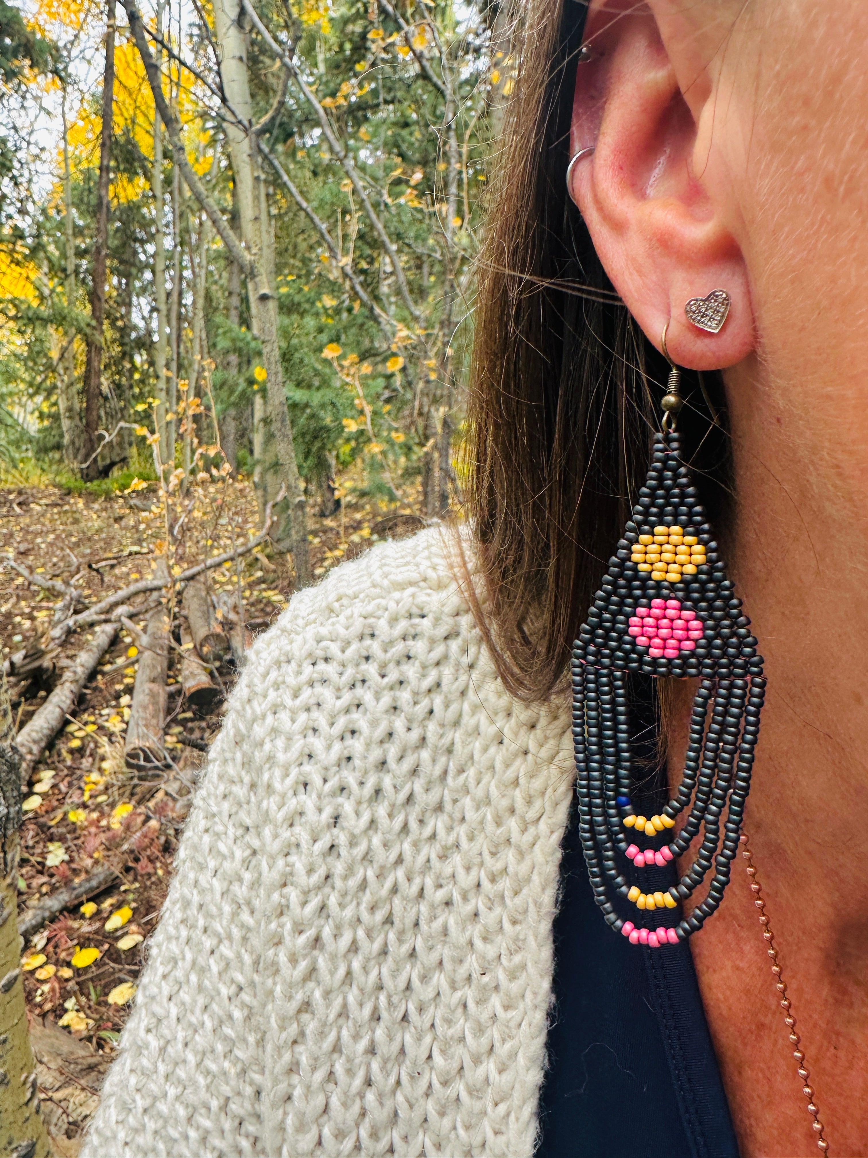 Handwoven Beaded Earrings- charcoal black, gold, rose