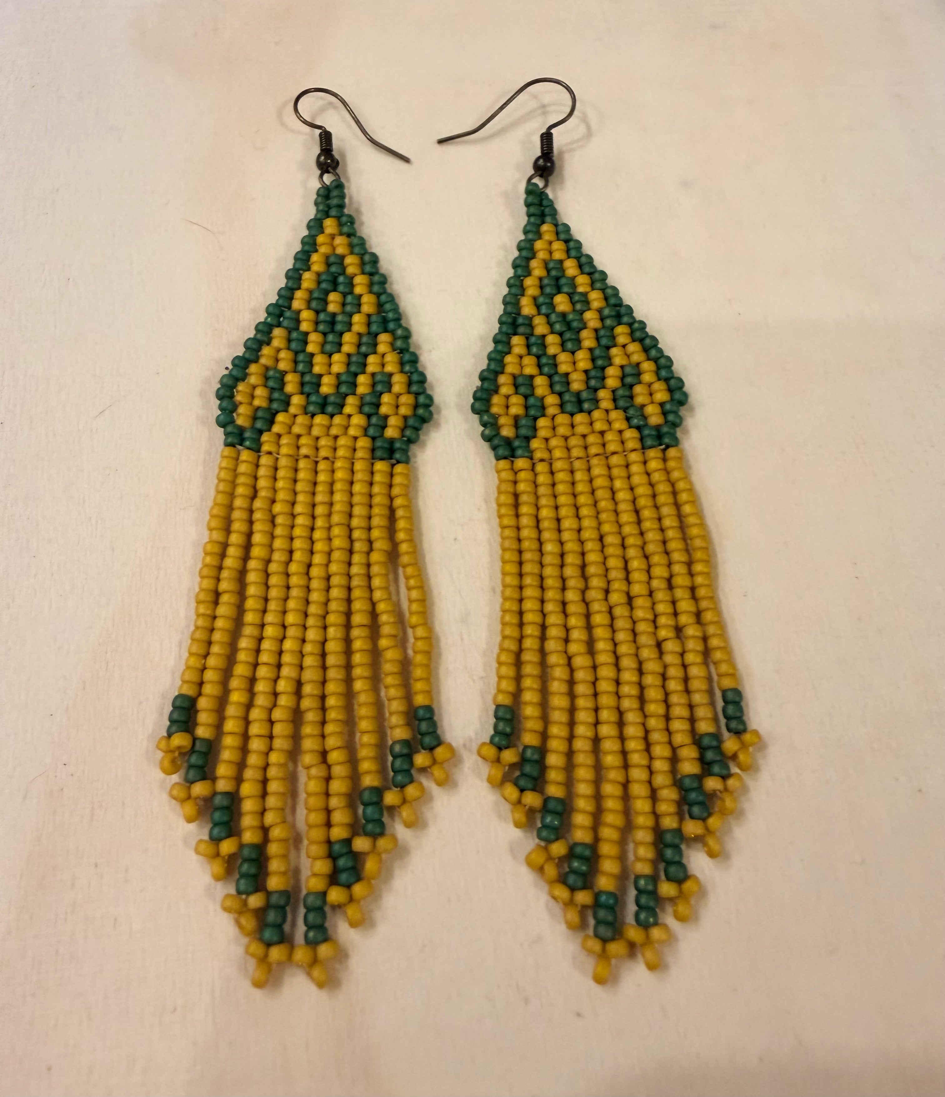 Handwoven Green & Yellow Tribal Seed Bead Fringe Earrings
