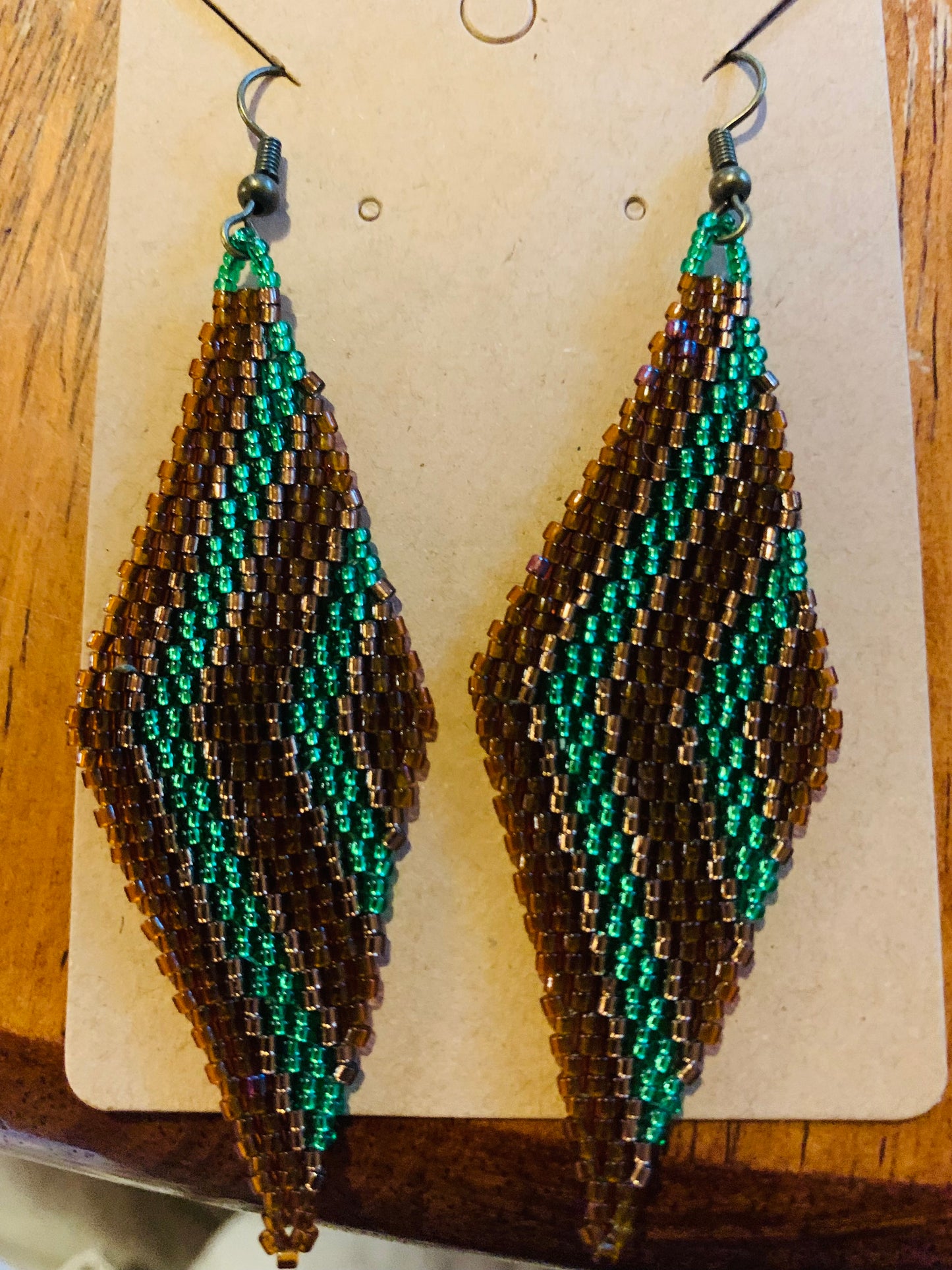 Seed Bead Diamond Shape Earrings- Green, Gold, Brown