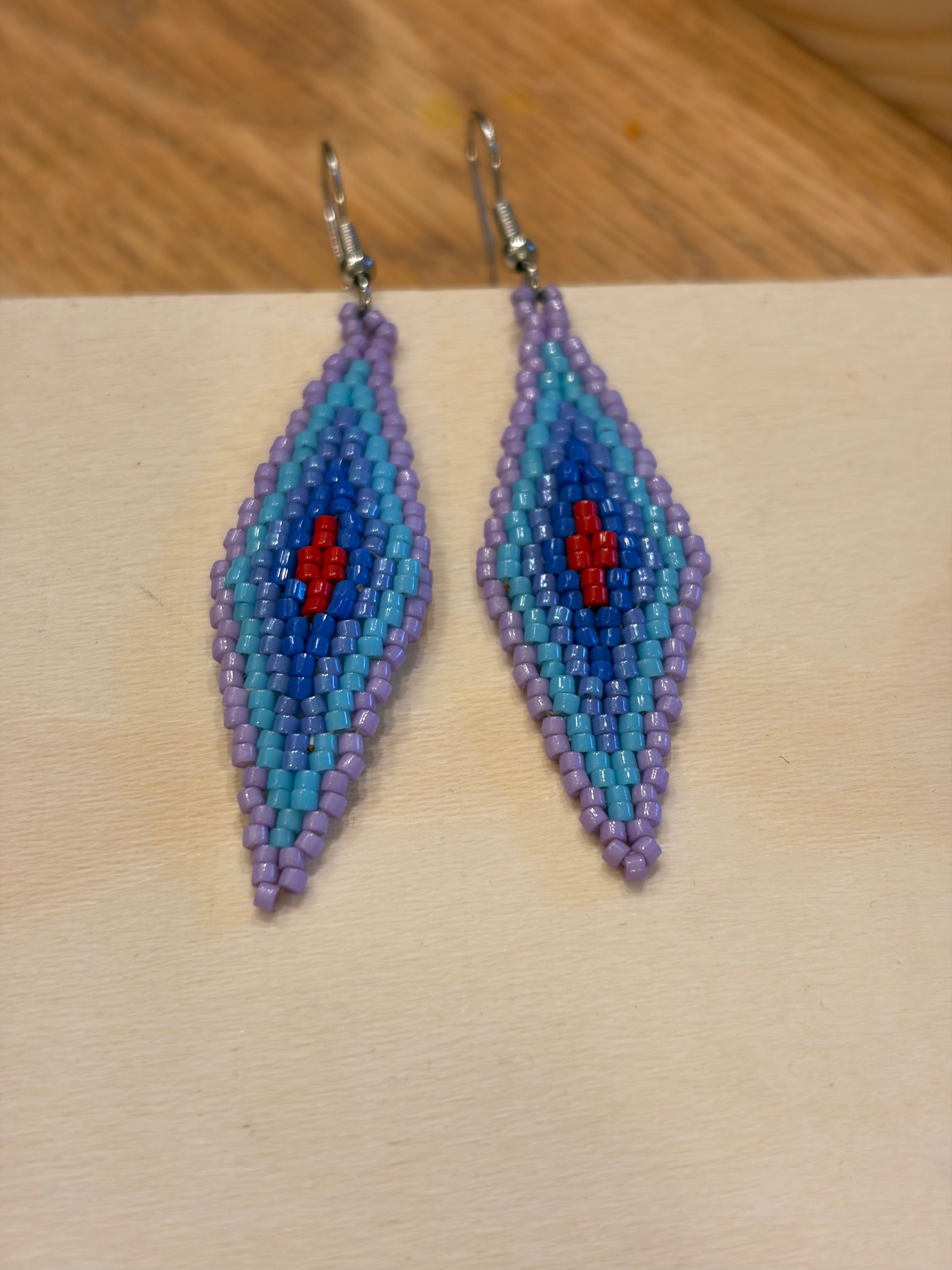 Hand-Beaded Diamond Earrings – Purple, Blue, & Fire Red (2”)