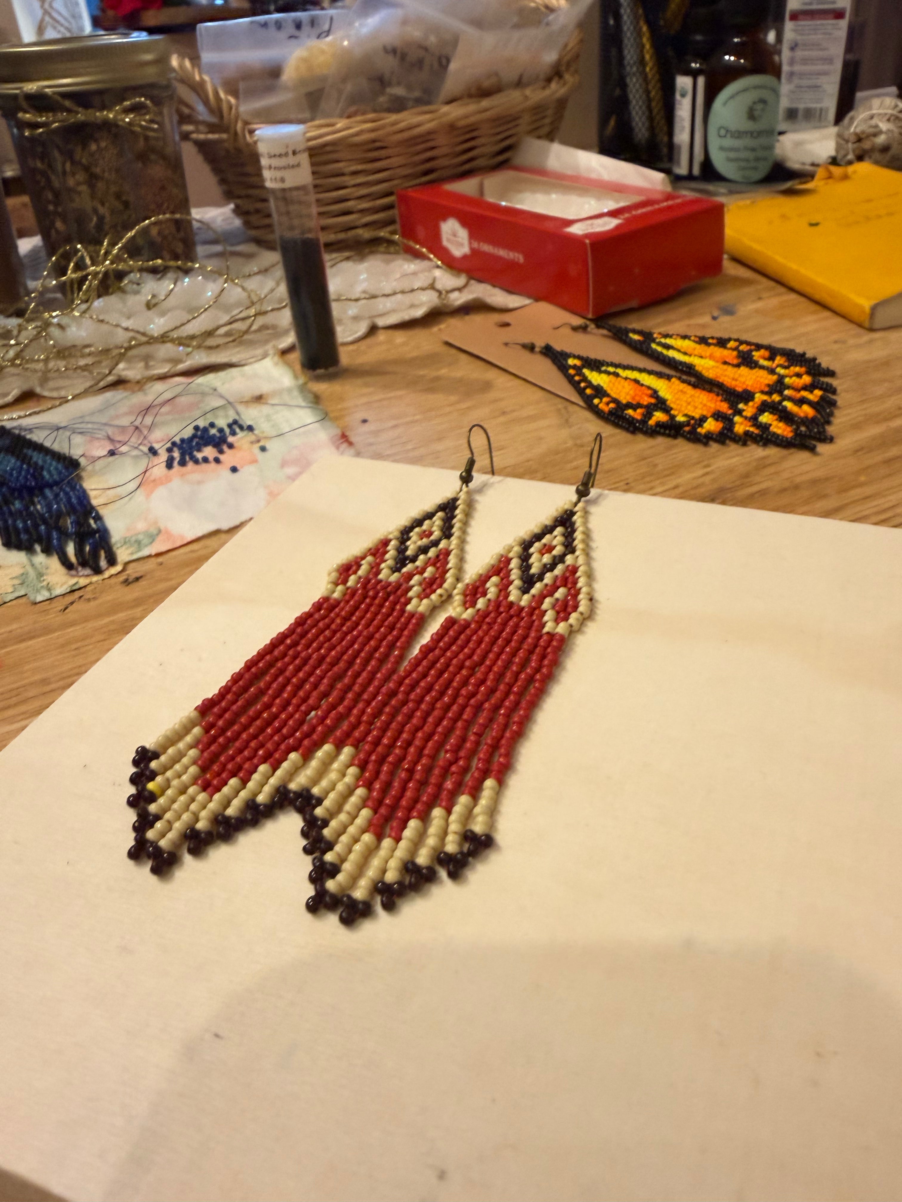 Handwoven beaded fringe earrings- red,brown & beige