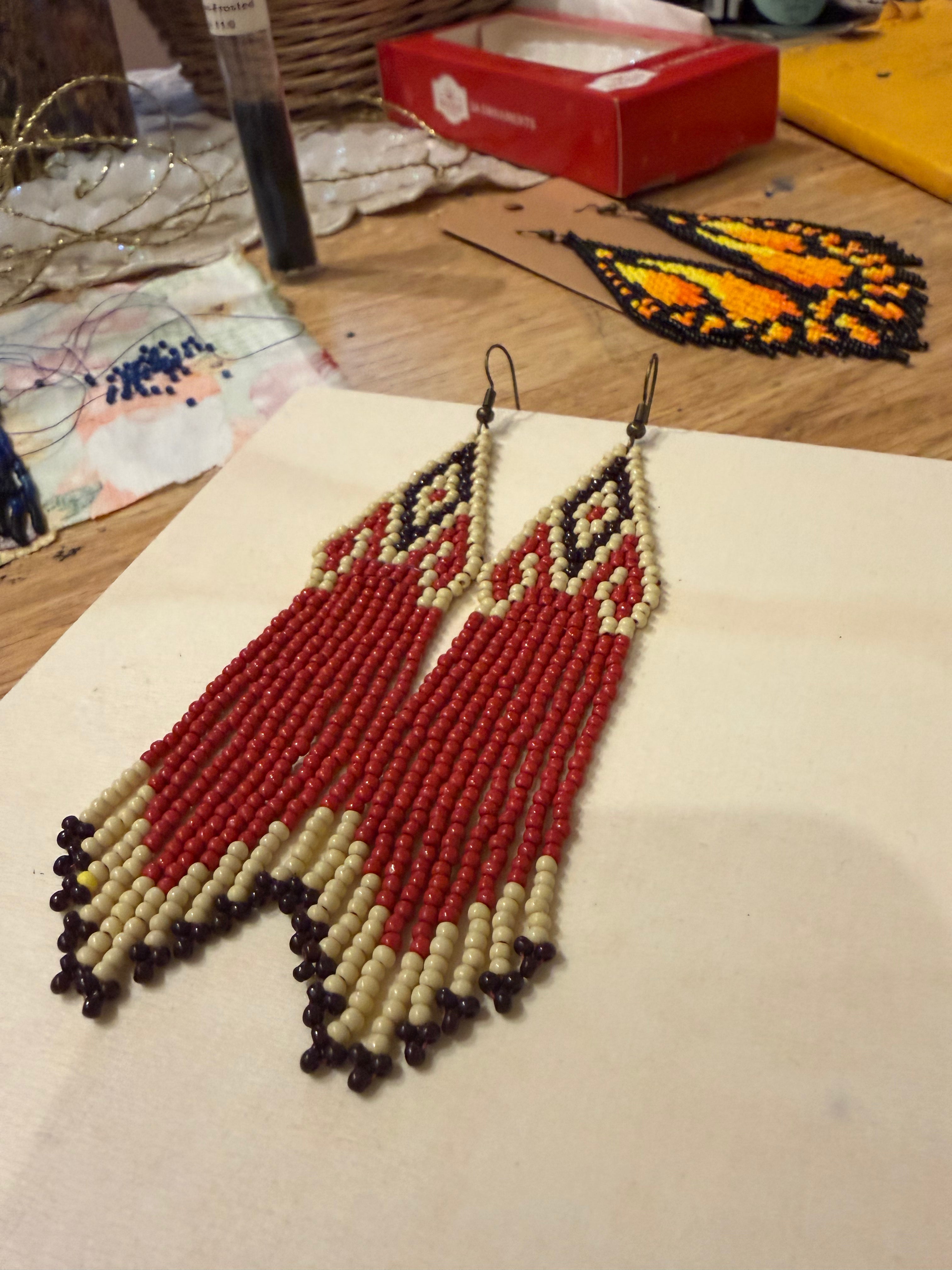 Handwoven beaded fringe earrings- red,brown & beige